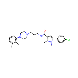 Cc1cccc(N2CCN(CCCNC(=O)c3cc(-c4ccc(Cl)cc4)n(C)c3C)CC2)c1C ZINC000058540833