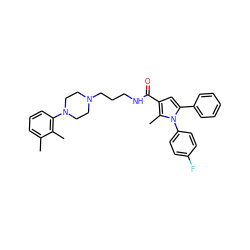 Cc1cccc(N2CCN(CCCNC(=O)c3cc(-c4ccccc4)n(-c4ccc(F)cc4)c3C)CC2)c1C ZINC000049055027