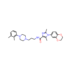 Cc1cccc(N2CCN(CCCNC(=O)c3nc(C)n(-c4ccc5c(c4)OCCO5)c3C)CC2)c1C ZINC000072106083