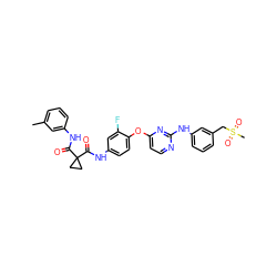 Cc1cccc(NC(=O)C2(C(=O)Nc3ccc(Oc4ccnc(Nc5cccc(CS(C)(=O)=O)c5)n4)c(F)c3)CC2)c1 ZINC000169349444