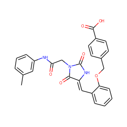 Cc1cccc(NC(=O)CN2C(=O)N/C(=C\c3ccccc3OCc3ccc(C(=O)O)cc3)C2=O)c1 ZINC000015880083