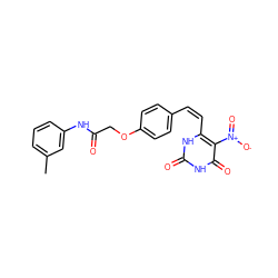 Cc1cccc(NC(=O)COc2ccc(/C=C\c3[nH]c(=O)[nH]c(=O)c3[N+](=O)[O-])cc2)c1 ZINC000013544910