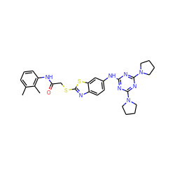 Cc1cccc(NC(=O)CSc2nc3ccc(Nc4nc(N5CCCC5)nc(N5CCCC5)n4)cc3s2)c1C ZINC000008438025