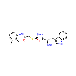 Cc1cccc(NC(=O)CSc2nnc([C@H](N)Cc3c[nH]c4ccccc34)o2)c1C ZINC000004313036