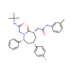 Cc1cccc(NC(=O)N[C@@H]2C[C@H](c3ccc(F)cc3)C[C@H](c3ccccc3)N(CC(=O)NC(C)(C)C)C2=O)c1 ZINC000026729097