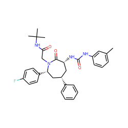 Cc1cccc(NC(=O)N[C@@H]2C[C@H](c3ccccc3)C[C@H](c3ccc(F)cc3)N(CC(=O)NC(C)(C)C)C2=O)c1 ZINC000026729583