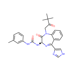 Cc1cccc(NC(=O)N[C@@H]2N=C(c3c[nH]cn3)c3ccccc3N(CC(=O)C(C)(C)C)C2=O)c1 ZINC000027657480