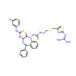 Cc1cccc(NC(=O)N[C@@H]2N=C(c3ccccc3)c3ccccc3N(CC(=O)NCCSCc3csc(N=C(N)N)n3)C2=O)c1 ZINC000029217090