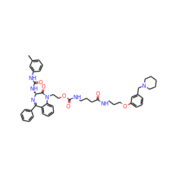 Cc1cccc(NC(=O)N[C@@H]2N=C(c3ccccc3)c3ccccc3N(CCOC(=O)NCCCC(=O)NCCCOc3cccc(CN4CCCCC4)c3)C2=O)c1 ZINC000095611908