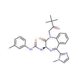 Cc1cccc(NC(=O)N[C@@H]2N=C(c3nccn3C)c3ccccc3N(CC(=O)C(C)(C)C)C2=O)c1 ZINC000000592300