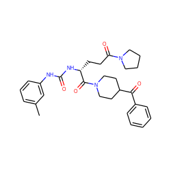 Cc1cccc(NC(=O)N[C@H](CCC(=O)N2CCCC2)C(=O)N2CCC(C(=O)c3ccccc3)CC2)c1 ZINC000026831565