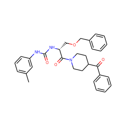 Cc1cccc(NC(=O)N[C@H](COCc2ccccc2)C(=O)N2CCC(C(=O)c3ccccc3)CC2)c1 ZINC000026825116