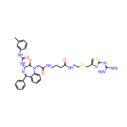 Cc1cccc(NC(=O)N[C@H]2N=C(c3ccccc3)c3ccccc3N(CC(=O)NCCCC(=O)NCCSCc3csc(N=C(N)N)n3)C2=O)c1 ZINC000095608799