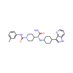 Cc1cccc(NC(=O)N2CCC([C@@H](NC3CCC(c4c[nH]c5cccnc45)CC3)C(N)=O)CC2)c1 ZINC000168043594