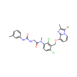 Cc1cccc(NC(=O)NCC(=O)N(C)c2ccc(Cl)c(COc3cccn4c(Br)c(C)nc34)c2Cl)c1 ZINC000027323070