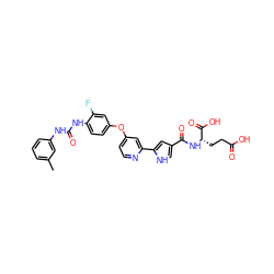 Cc1cccc(NC(=O)Nc2ccc(Oc3ccnc(-c4cc(C(=O)N[C@@H](CCC(=O)O)C(=O)O)c[nH]4)c3)cc2F)c1 ZINC000149560054