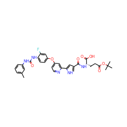 Cc1cccc(NC(=O)Nc2ccc(Oc3ccnc(-c4cc(C(=O)N[C@@H](CCC(=O)OC(C)(C)C)C(=O)O)c[nH]4)c3)cc2F)c1 ZINC000116233844