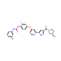 Cc1cccc(NC(=O)Nc2ccc(Oc3ccnc(-c4cc(C(=O)N5CC[C@@H](O)C5)c[nH]4)c3)cc2F)c1 ZINC000116235871