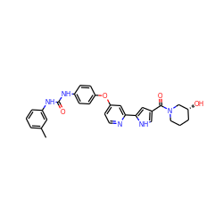 Cc1cccc(NC(=O)Nc2ccc(Oc3ccnc(-c4cc(C(=O)N5CCC[C@@H](O)C5)c[nH]4)c3)cc2)c1 ZINC000116235651