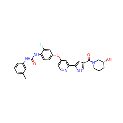 Cc1cccc(NC(=O)Nc2ccc(Oc3ccnc(-c4cc(C(=O)N5CCC[C@@H](O)C5)c[nH]4)c3)cc2F)c1 ZINC000116236326