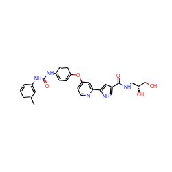 Cc1cccc(NC(=O)Nc2ccc(Oc3ccnc(-c4cc(C(=O)NC[C@@H](O)CO)c[nH]4)c3)cc2)c1 ZINC000116238060