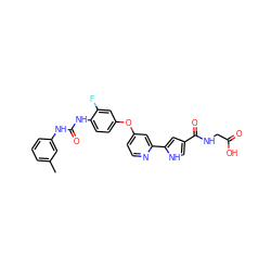 Cc1cccc(NC(=O)Nc2ccc(Oc3ccnc(-c4cc(C(=O)NCC(=O)O)c[nH]4)c3)cc2F)c1 ZINC000116235477