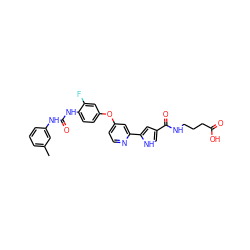 Cc1cccc(NC(=O)Nc2ccc(Oc3ccnc(-c4cc(C(=O)NCCCC(=O)O)c[nH]4)c3)cc2F)c1 ZINC000168900957