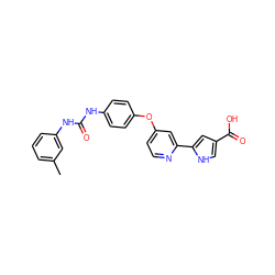 Cc1cccc(NC(=O)Nc2ccc(Oc3ccnc(-c4cc(C(=O)O)c[nH]4)c3)cc2)c1 ZINC000116236337