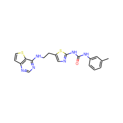 Cc1cccc(NC(=O)Nc2ncc(CCNc3ncnc4ccsc34)s2)c1 ZINC000040898291