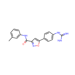 Cc1cccc(NC(=O)c2cc(-c3ccc(NC(=N)N)cc3)on2)c1 ZINC000169325059