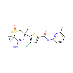 Cc1cccc(NC(=O)c2cc(Cl)c([C@]3(C)CS(=O)(=O)C4(CC4)C(N)=N3)s2)n1 ZINC000217747865