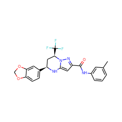 Cc1cccc(NC(=O)c2cc3n(n2)[C@H](C(F)(F)F)C[C@H](c2ccc4c(c2)OCO4)N3)c1 ZINC000018210244