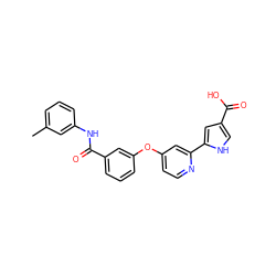 Cc1cccc(NC(=O)c2cccc(Oc3ccnc(-c4cc(C(=O)O)c[nH]4)c3)c2)c1 ZINC000116233784