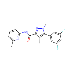 Cc1cccc(NC(=O)c2nn(C)c(-c3cc(F)cc(F)c3)c2C)n1 ZINC000095602140