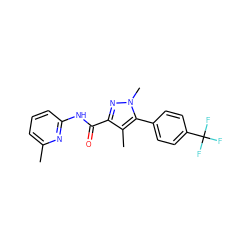 Cc1cccc(NC(=O)c2nn(C)c(-c3ccc(C(F)(F)F)cc3)c2C)n1 ZINC000095604982