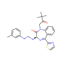 Cc1cccc(NCN[C@@H]2N=C(c3nccs3)c3ccccc3N(CC(=O)C(C)(C)C)C2=O)c1 ZINC000027656471