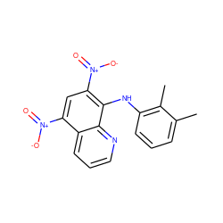 Cc1cccc(Nc2c([N+](=O)[O-])cc([N+](=O)[O-])c3cccnc23)c1C ZINC000004994091