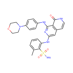 Cc1cccc(Nc2cc3cc[nH]c(=O)c3c(Nc3ccc(N4CCOCC4)cc3)n2)c1S(N)(=O)=O ZINC000096174459