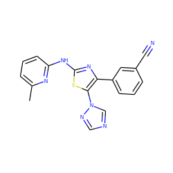 Cc1cccc(Nc2nc(-c3cccc(C#N)c3)c(-n3cncn3)s2)n1 ZINC000028523176