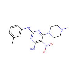 Cc1cccc(Nc2nc(N)c([N+](=O)[O-])c(N3CCN(C)CC3)n2)c1 ZINC000005219395