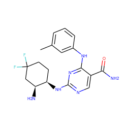 Cc1cccc(Nc2nc(N[C@@H]3CCC(F)(F)C[C@@H]3N)ncc2C(N)=O)c1 ZINC000072139704