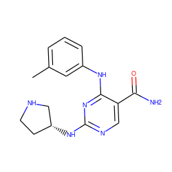 Cc1cccc(Nc2nc(N[C@@H]3CCNC3)ncc2C(N)=O)c1 ZINC000072125784