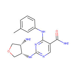 Cc1cccc(Nc2nc(N[C@@H]3COC[C@@H]3N)ncc2C(N)=O)c1 ZINC000072123119