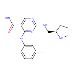 Cc1cccc(Nc2nc(NC[C@H]3CCCN3)ncc2C(N)=O)c1 ZINC000072122919