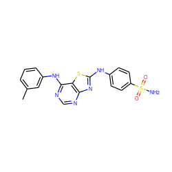 Cc1cccc(Nc2ncnc3nc(Nc4ccc(S(N)(=O)=O)cc4)sc23)c1 ZINC000040896170