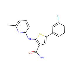 Cc1cccc(Nc2sc(-c3cccc(F)c3)cc2C(N)=O)n1 ZINC000169311913