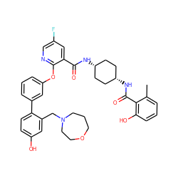 Cc1cccc(O)c1C(=O)N[C@H]1CC[C@@H](NC(=O)c2cc(F)cnc2Oc2cccc(-c3ccc(O)cc3CN3CCCOCC3)c2)CC1 ZINC000261159961