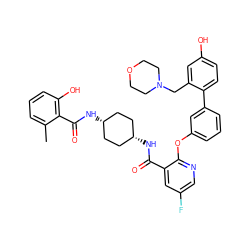 Cc1cccc(O)c1C(=O)N[C@H]1CC[C@@H](NC(=O)c2cc(F)cnc2Oc2cccc(-c3ccc(O)cc3CN3CCOCC3)c2)CC1 ZINC000261131631