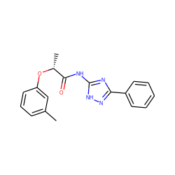 Cc1cccc(O[C@H](C)C(=O)Nc2nc(-c3ccccc3)n[nH]2)c1 ZINC000012880583