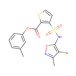 Cc1cccc(OC(=O)c2sccc2S(=O)(=O)Nc2onc(C)c2Br)c1 ZINC000026185361